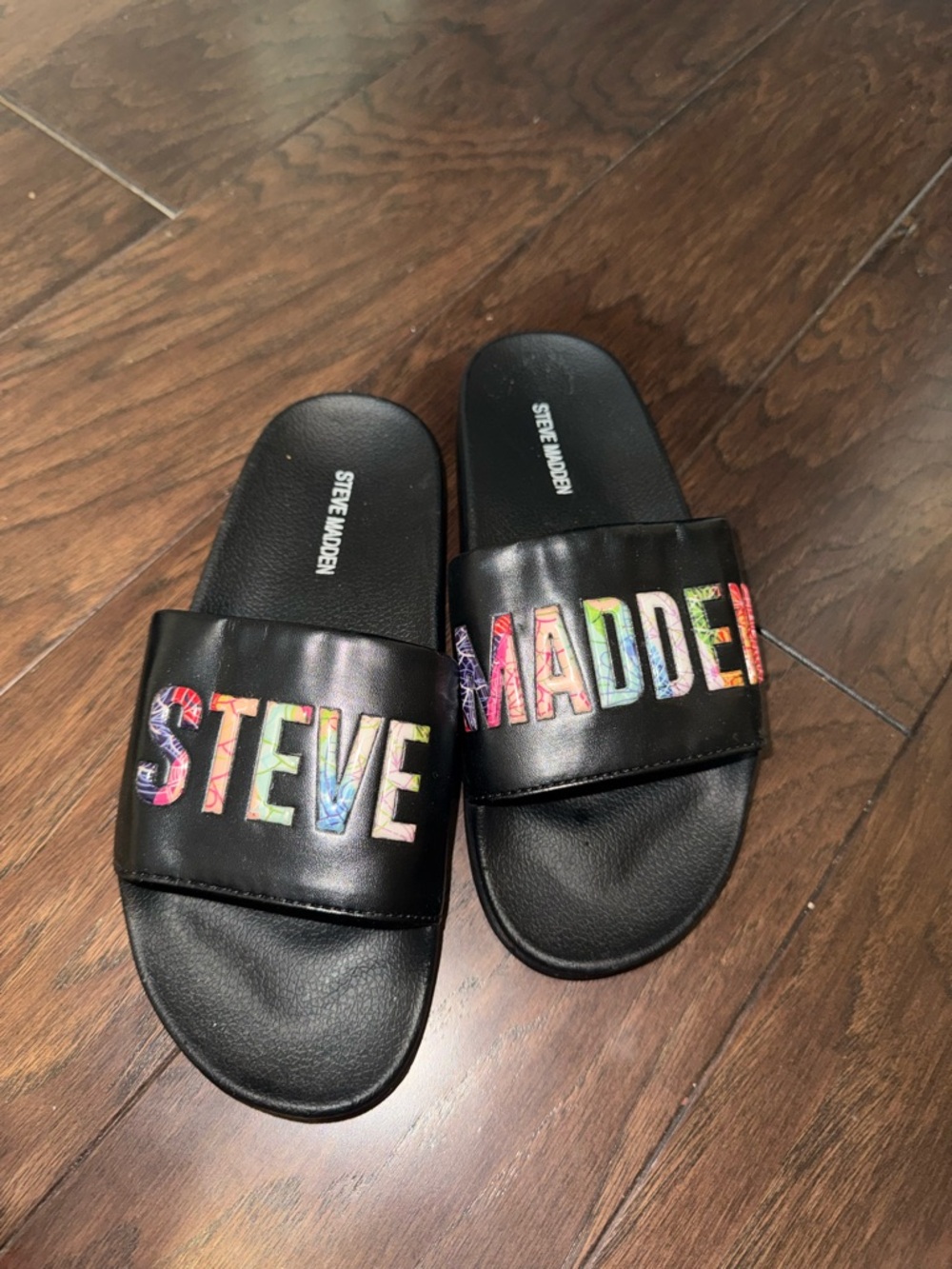 Steve Madden Women’s Black Slides with Multicolor Logo
